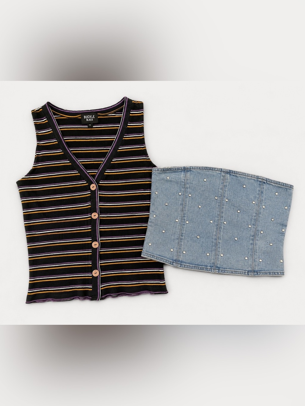 Y2K Women’s Top Bundle XL/M Buckle Black Ribbed Tank & Baevely Denim Studded Tub